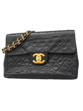 Chanel Shoulder Bag Big Quilted Lambskin Black Gold
